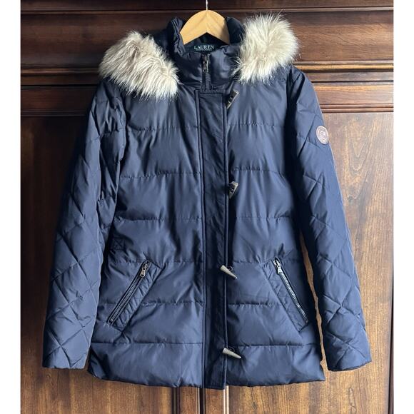 Ralph Lauren Jackets & Blazers - Lauren Ralph Lauren S Down Coat Jacket Navy Puffer Toggles Faux Fur Hood